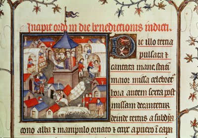 Miniatur eines Bischofs, der die jährliche Messe oder den Markt segnet, der zwei Wochen im Juni auf den Ebenen von St. Denis abgehalten wird, aus einem Pontifikal, 1301-1400 von French School
