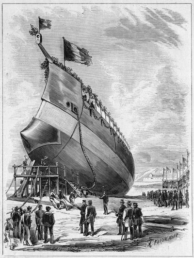 Stapellauf des Panzerschiffs „La Galissonniere“, 7. Mai 1872 im Hafen von Brest, Finistère (29). Gravur in „Le Monde Illustré“ Nr. 789 vom 25. Mai 1872. von French School
