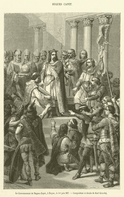 Die Krönung von Hugo Capet in Noyon, am 1. Juni 987 (Gravur) von French School