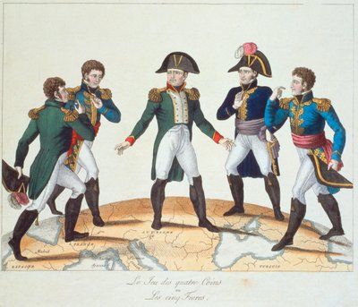 Le Jeu des Quatre Coins ou Les Cinq Frères, bonapartistische Karikatur, die Napoleon und seine Brüder darstellt, 1808 von French School