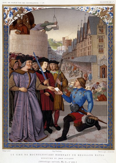 Le Sire de Rochechouart empfängt einen königlichen Boten. nach Fouquet, in „Die Chronisten der Geschichte Frankreichs von den Ursprüngen bis zum 16. Jahrhundert“ von Mme de Witt, Paris von French School