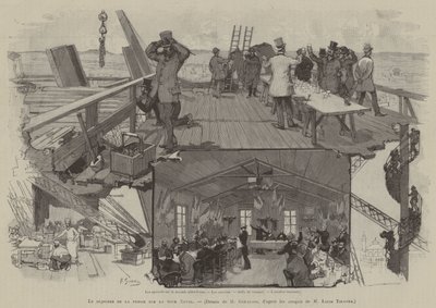 Das Frühstück der Presse auf dem Eiffelturm (Gravur) von French School