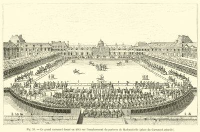 Das große Karussell im Jahr 1662 auf dem Gelände des Parterres von Mademoiselle, heutiger Place du Carrousel von French School