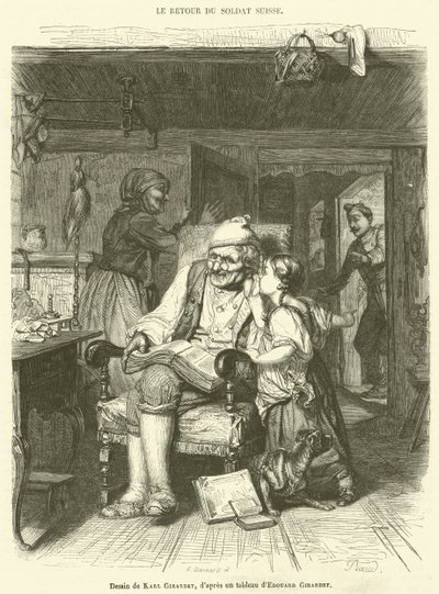 Die Rückkehr des Schweizer Soldaten (Gravur) von French School