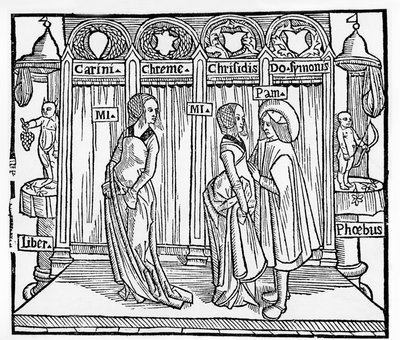 Das Theater im Mittelalter: drei Personen auf der Bühne - Gravur von Térence de Jean Trechsel, herausgegeben in Lyon von French School