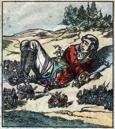Lemuel Gulliver erwacht nach seinem Schiffbruch und wird von den Lilliputanern gefangen genommen. Illustration für "Gullivers Reisen" von Jonathan Swift (1667-1745). Epinal-Bildgebung Ende des 19. Jahrhunderts. von French School