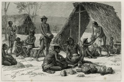 Die Galibi-Indianer (oder Kalinas) beim Töpfern, Gravur von D. Maillart zur Illustration der Erkundungsreise im Inneren von Guayana durch Dr. Jules Crevaux, Arzt der französischen Marine, in den Jahren 1876-1877, veröffentlicht in Le Tour du monde, unter d von French School