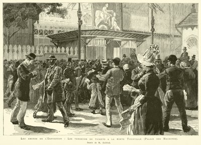 Die Umgebung der Ausstellung, Die Ticketverkäufer am Tor Tourville, Palais des Machines, Zeichnung von M. Guilliod (Gravur) von French School