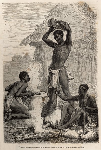 Die Schmiede Mannganyas, in einem Dorf entlang des Loualaba-Flusses (heutiger Kongo-Fluss), Gravur nach einer Zeichnung von D. Maillard, zur Illustration von David Livingstones letztem Tagebuch (1813-1873), 1866-1873, veröffentlicht in „Le tour du monde“ 1 von French School
