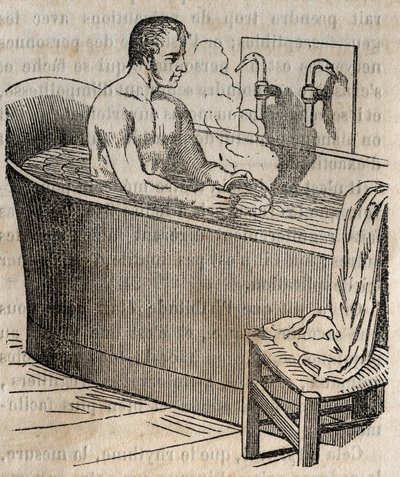 Die Gesten des Bades - Hygiene im 19. Jahrhundert - Mann in einer Badewanne - Gravur in La Sante Universelle - Guide Medical des Familles 1852 von French School