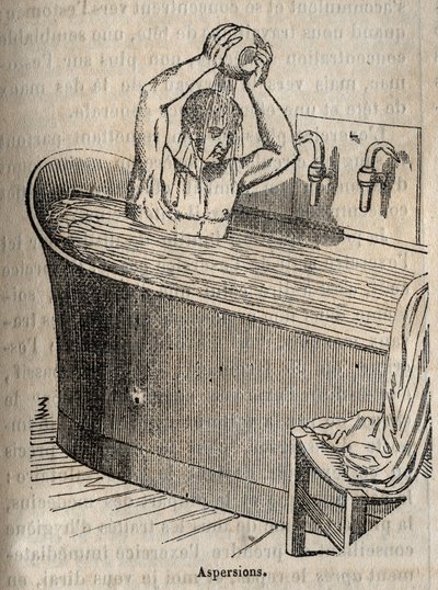 Die Gesten des Bades - Hygiene im 19. Jahrhundert - Mann in einer Badewanne - Gravur in „La Sante Universelle - Guide Medical des Familles“ 1852 von French School