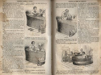 Die Gesten des Bades - Hygiene im 19. Jahrhundert - Mann in einer Badewanne - Gravur in „La Sante Universelle - Guide Medical des Familles“ 1852 von French School