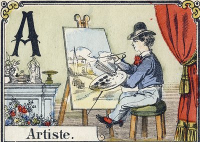 Buchstabe A: Künstler. Erholungsalphabet. Epinal-Bildgebung. Schablonierte Holzschnitte, ca. 1880. Kleines Heft mit 16 Seiten (205 x 150 mm). Private Sammlung von French School
