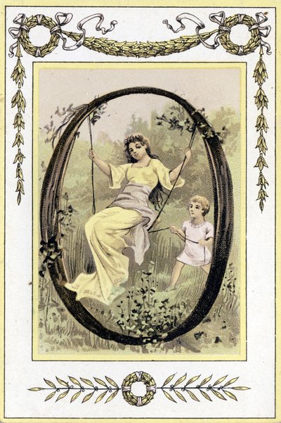 Brief, der eine schaukelnde Mutter und ihren Sohn darstellt, späte 19. Jahrhundert (Chromolithographie) von French School