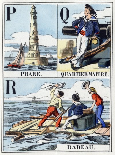 Buchstaben P wie Leuchtturm, Q wie Quartiermeister, R wie Floß. Marine-Abecedarium mit 16 Seiten, das ein Alphabet in Großbuchstaben enthält. Epinal-Bild, Ende des 19. Jahrhunderts. Schablonierte Holzschnitte Dim: 21x14,5cm von French School