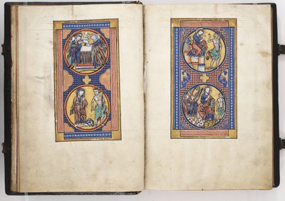 Lewis Psalter ff.8v-9r, Darstellung im Tempel und die drei Versuchungen Christi, ca. 1225-40 (Tempera & Gold auf Pergament) von French School