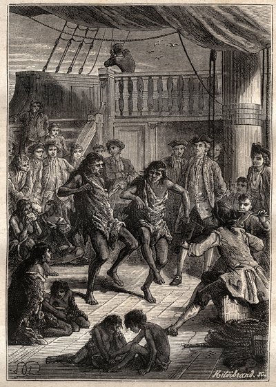 Louis Antoine, Graf von Bougainville (1729-1811) empfängt die Bewohner der Bucht Fortescue (Magellanstraße) in seinem Boot „La Boudeuse“ im Jahr 1768 - Illustration aus „Die großen Seefahrer des 18. Jahrhunderts“ von French School