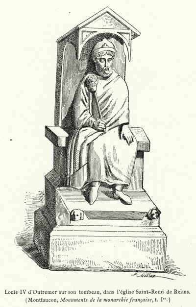 Ludwig IV. von Übersee auf seinem Grab in der Kirche Saint-Remi von Reims (Gravur) von French School