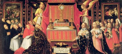 Ludwig XIII (1601-43) Anna von Österreich (1601-66) Infantin von Spanien und Gaston de France (1608-60) Herzog von Orléans vor dem Heiligen Sakrament von French School