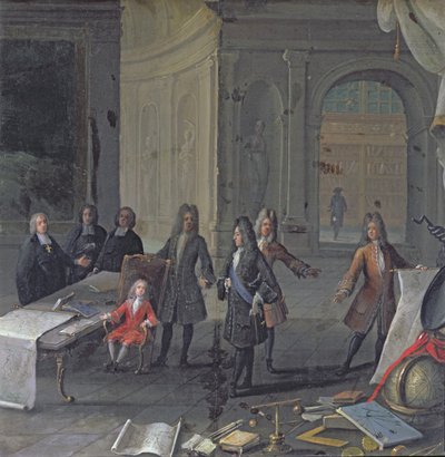 Ludwig XIV. bei einer Lektion seines Urenkels, des zukünftigen Ludwig XV., ca. 1715 von French School