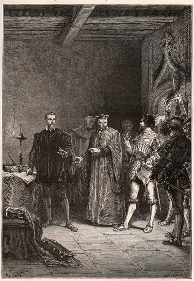 Louis de Berquin (1485-1529), Ritter und Humanist, religiöser Reformer, befreit von Jean de la Barre (1523-1533) Prévôt von Paris - Louis de Berquin (links) aus dem Gefängnis entlassen von Jean de la Barre - Gravur aus „L