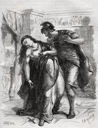 Der Tod von Lucrece: Lucrece (Lucrezia, Lucretia, römische Dame des 6. Jahrhunderts v. Chr.) war das Opfer von Gewalt durch ihren Cousin Sextus Tarquin, den Sohn von Tarquin dem Stolzen. Sie beging Selbstmord vor ihrem Ehemann, Lucius Tarquinius Collatinus von French School
