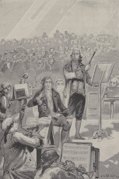 Ludwig van Beethoven dirigiert ein Orchester trotz seiner Taubheit (Stich) von French School
