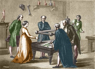 Luigi Galvani, Professor in Bologna, entdeckte 1780 die Reizbarkeit der Froschmuskeln durch Elektrizität - in „Album der Wissenschaft; illustre Wissenschaftler; Große Entdeckungen“ 1896 von French School