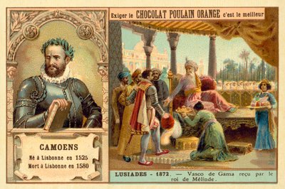 Luis de Camoes, portugiesischer Dichter, und eine Szene aus seinem Gedicht Die Lusiaden, die Vasco da Gama zeigt, wie er vom König von Malindi empfangen wird von French School