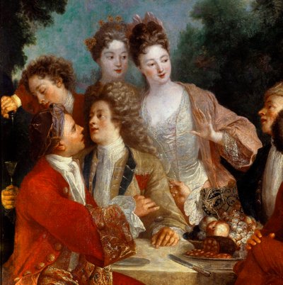 Mittagessen im Park. Detail des Gemäldes der französischen Schule des 18. Jahrhunderts. Orléans Museum der Schönen Künste von French School