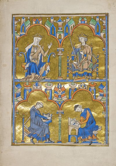 MS M.240 f.8r, Blanche von Kastilien und König Ludwig IX. von Frankreich und unten: Autor diktiert einem Schreiber, Bibel von Saint Louis (Moralische Bibel), wahrscheinlich Paris von French School
