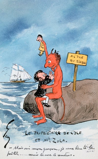 Mais oui, mon garcon, je veux bien te le preter..., Karikatur, die Zola und den Teufel auf der Teufelsinsel zeigt, wie sie über die Dreyfus-Affäre debattieren von French School
