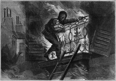 Mann in einem feuerfesten Anzug rettet ein Kind aus einem Feuer. Gravur in „La Nature. Revue des sciences et de ses applications aux arts et à l