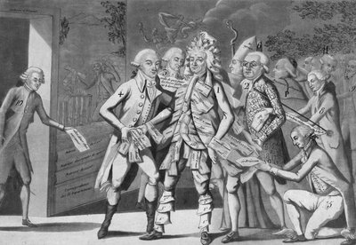 Mann in Assignaten: Gruppe von Abgeordneten auf der Suche nach einem Brissoter (Jacques Pierre Brissot de Warville 1754-1793) von French School