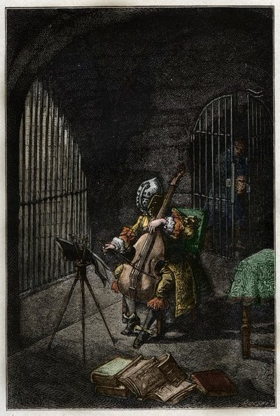 Der Mann mit der eisernen Maske, spielt Cello im Gefängnis - Gravur aus „Histoire de France“ von Jules Michelet - 1876-1877 von French School