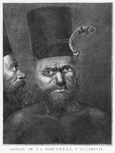 Mann aus Neukaledonien, Illustration aus der Zweiten Reise von Captain James Cook, graviert von Benard (18. Jahrhundert) 1774 von French School