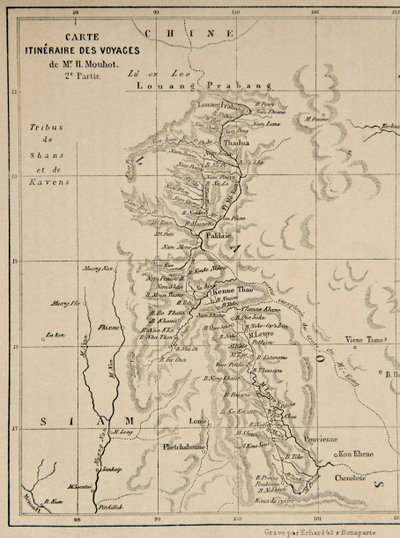 Karte von Laos und dem Mekong-Fluss, die die Route der Reise von Henri Mouhot zeigt, Illustration aus Reisen in den zentralen Teilen von Indochina (Siam), Kambodscha und Laos in den Jahren 1858, 1859 von French School