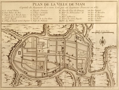Karte der Stadt Siam, Hauptstadt des gleichnamigen Königreichs, nach einer Vermessung eines französischen Ingenieurs im Jahr 1687, veröffentlicht in der Ausgabe von 1751 von Histoire Generale des Voyages von Antoine Prevost von French School