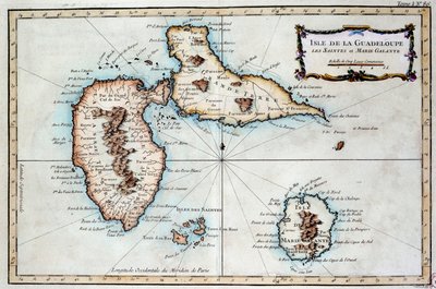 Karte der Insel Martinique, der Insel Saintes und der Insel Marie Galante in den Westindischen Inseln. Gravur des 19. Jahrhunderts von French School
