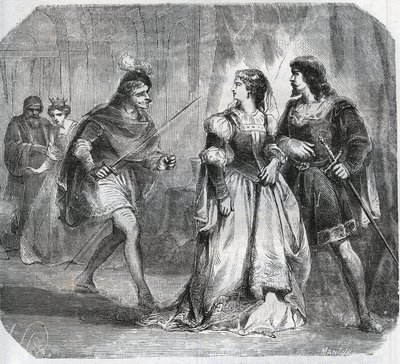 Margarete von Bayern, Herzogin von Burgund (1363-1423) und Königin Isabeau (Isabelle, Elisabeth) von Bayern (1371-1435) trennen Louis I. von Valois, Herzog von Orléans (1372-1407) und Jean Ohnefurcht, Herzog von Burgund (1371-1419), die um die Regierung kä von French School