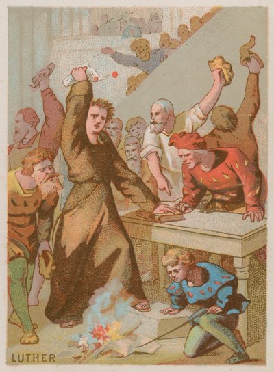 Martin Luther verbrennt die päpstliche Bulle, die seine Werke verbietet von French School