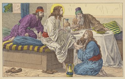 Maria Magdalena zu Füßen Jesu (Farblithografie) von French School