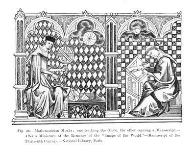 Mathematiker-Mönche: einer lehrt den Globus, der andere kopiert ein Manuskript, aus dem Manuskript Bild der Welt, Illustration aus Wissenschaft und Literatur im Mittelalter und der Renaissance von French School