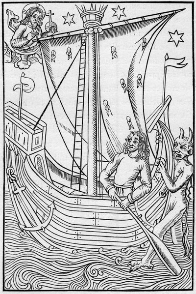 Handelsschiff des Mittelalters inmitten der Gefahren des Meeres. Gravur in „La Marine et les colonies: commerce“ von French School