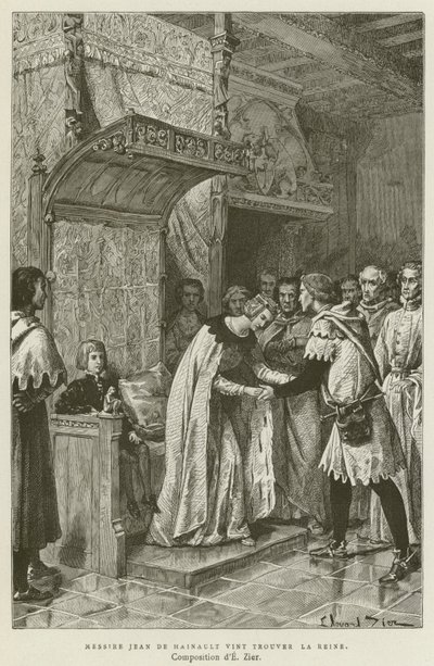 Messire Jean De Hainault besucht die Königin (Stich) von French School