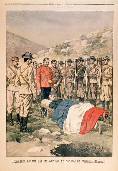 Militärische Ehren für General Georges de Villebois-Mareuil (1847-1900) durch die Briten auf dem Friedhof von Boshof, Illustration aus Le Petit Journal, 29. April 1900 von French School