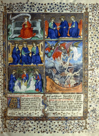Miniatur, die das Himmelreich vor der Schöpfung darstellt: Sapientia, die Dreifaltigkeit und die Vertreibung Luzifers aus dem Himmel, ca. 1410 von French School