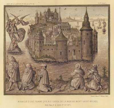 Wunder einer Frau, die von N-D vor dem Meer am Mont Saint-Michel bewahrt wurde (Farblithographie) von French School