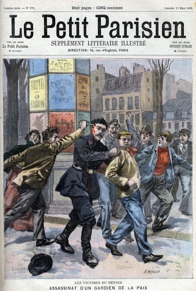 Attentat auf einen Friedenswächter in Paris, Rue Vergniaud, im Jahr 1900 - in „Le petit Parisien“ von French School