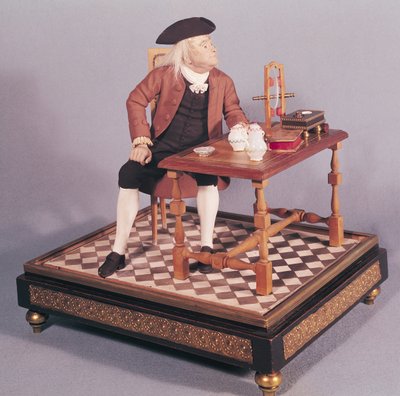 Modell von Benjamin Franklin (1706-90) an seinem Tisch, spätes 18. Jahrhundert von French School